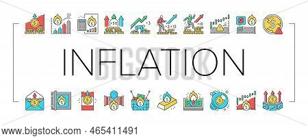 Inflation Financial World Problem Icons Set Vector. Core And Rate Inflation, Stagflation Online Mark