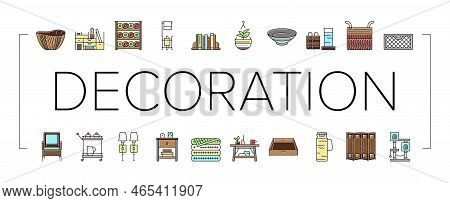 Home Decoration And Furniture Icons Set Vector. Bookends And Rattan Patio Home Decoration, Noodle An
