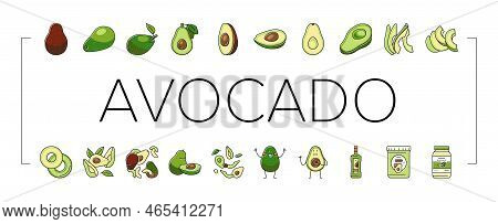 Avocado Food Green Half Icons Set Vector. Vegetable Slice Fresh, Healthy Organic Seed, Tropical Cut 