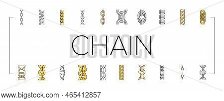 Chain Metal Connection Link Icons Set Vector. Steel Object, Element Iron, Strong Abstract Strength, 