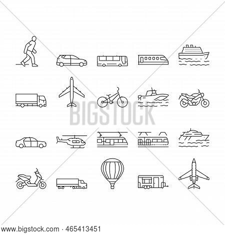 Transport For Riding And Flying Icons Set Vector. Train And Car, Bus And Motorcycle, Air Balloon And