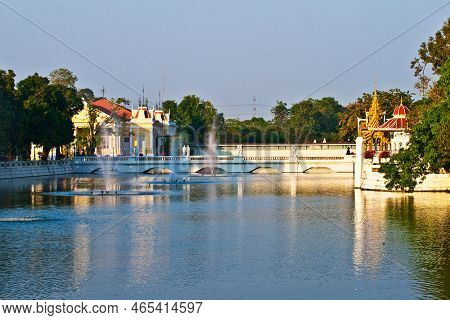 Ayutthaya, Thailand - December 24, 2009: Bang Pa-in Aisawan, Artificial Lake With Bridge And Temple 