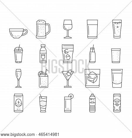 Beverage Drink Juice Fresh Water Icons Set Vector. Ice Tea, Fruit Ad Splash, Lemon Glass Soda, Cold 