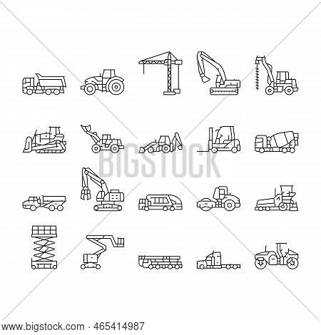 Construction Car Vehicle Tractor Icons Set Vector. Machinery Excavator, Machine Digger, Work Crane, 