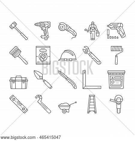 Building Tool Hammer Repair Drill Icons Set Vector. Home Saw, Construction Screwdriver, House Work, 
