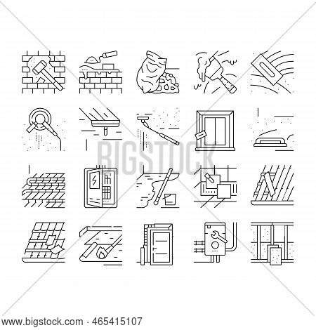Construction Crane House Work Icons Set Vector. Building Industry, Civil Architecture, Build Worker 
