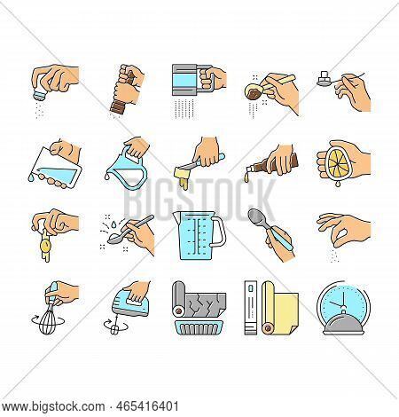 Cook Instruction For Prepare Meal Icons Set Vector. Butter And Milk Add, Salt And Pepper Flavoring, 