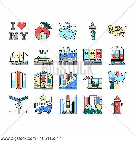 New York American City Landmarks Icons Set Vector. Square And 5th Avenue, Central Park And Broadway,