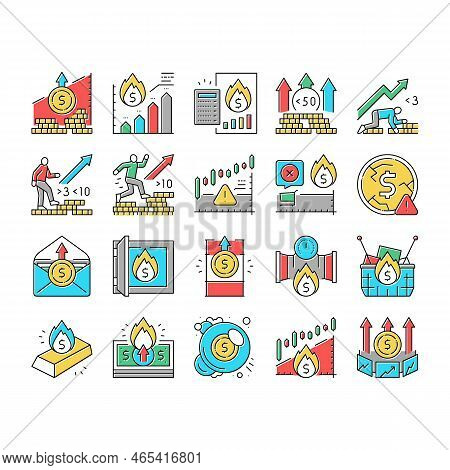 Inflation Financial World Problem Icons Set Vector. Core And Rate Inflation, Stagflation Online Mark