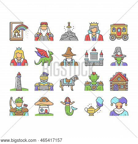 Fairy Tale Magical Story Book Icons Set Vector. Fairy Tale Witch And Goblin, Kingdom Castle Building