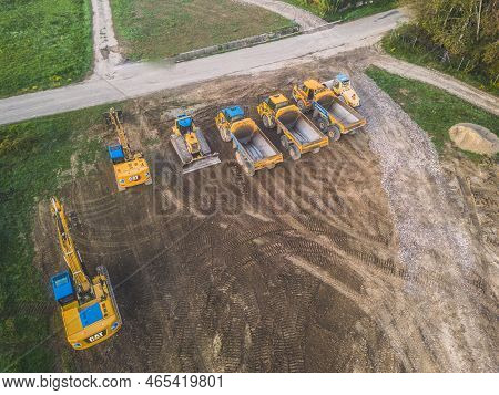 Loriol Sur Drome, France - 11 November 2022: Excavators And Dump Trucks Working During The Construct
