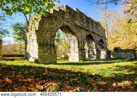 A View Of The Arnsburg Ruins In Autumn With A Blue Sky