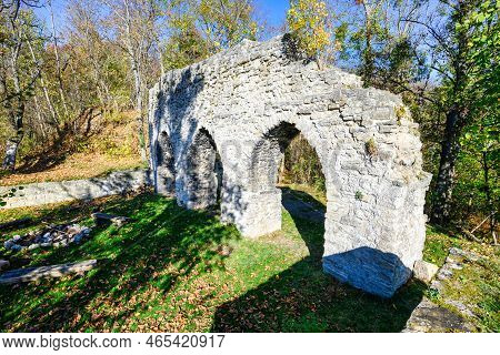A View Of The Arnsburg Ruins In Autumn With A Blue Sky