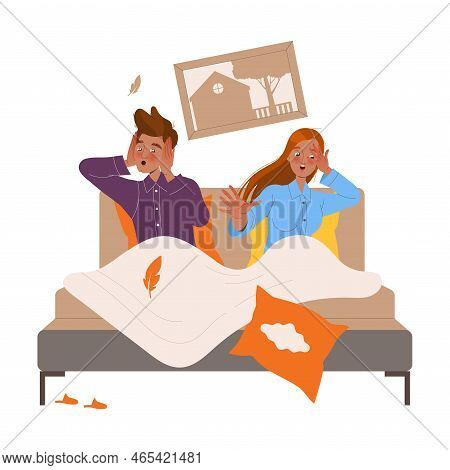 Mother And Father Character In Bed Shocked With Mess And Chaos Around Vector Illustration