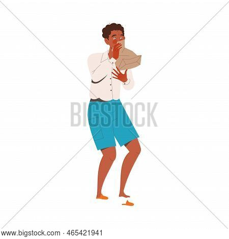 Scared Father Character With Paper Bag Feeling Unwell Shocked With Mess And Chaos Around Vector Illu