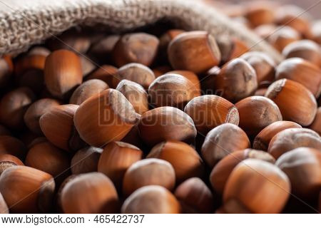 Hazelnuts, Filbert On Old Wooden Table. Heap Or Stack Of Hazel Nuts. Hazelnut Background, Healty Foo
