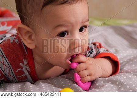 Cute Adorable Newborn Baby Playing With Colorful Rattle Toy. Baby With Teether. Six Months Old Lovel
