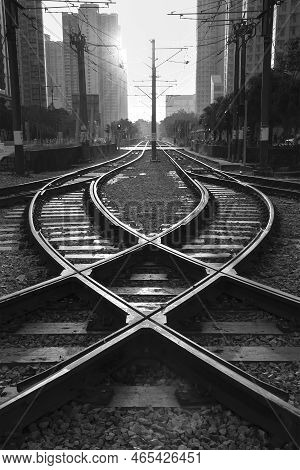 Railway Track With Switch And Interchange And High Rise Building In Hong Kong City