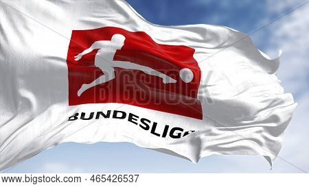 Munich, De, Nov 2022: Close-up Of The Bundesliga Flag Waving In The Wind. Bundesliga Is A Profession