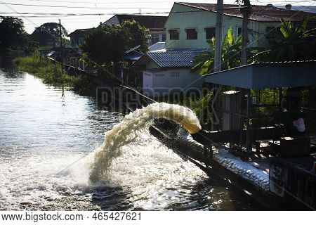 Water Flood Control Station While Draining Water From Bangbuathong Market Village To Pimonratch Cana