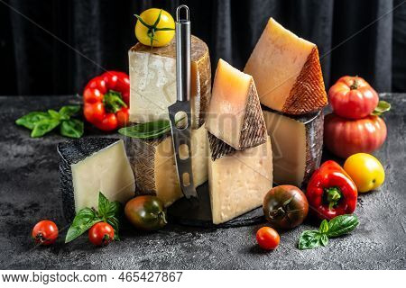 Cheese Board Of Various Types Of Soft And Hard Cheese. Spanish Manchego Cheese, International Dairy 