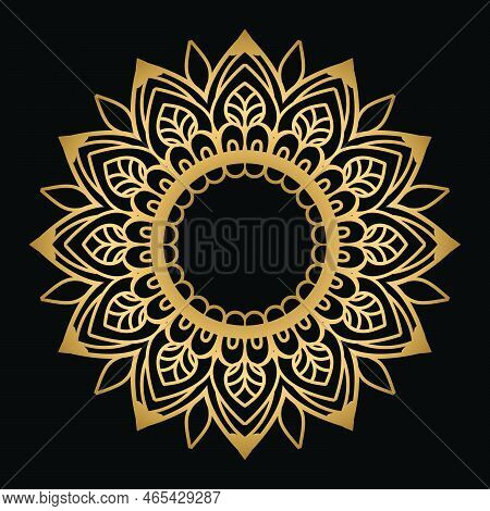 Elegant, Luxury Ornamental Mandala Design In Gold Colour On Black Background. Mandala With Floral Pa