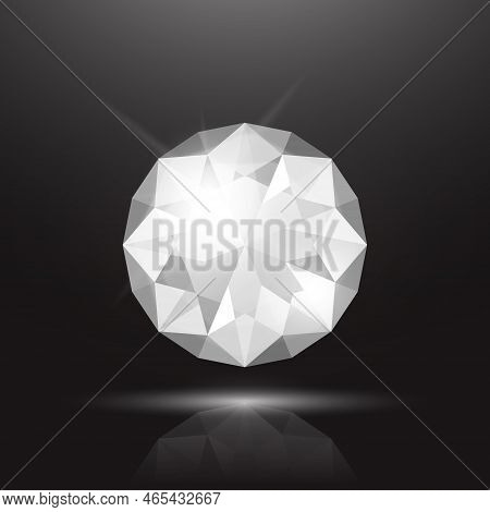 Vector 3d Realistic White Transparent Round Glowing Gemstone, Diamond, Crystal, Rhinestone Closeup O