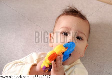 Cute Adorable Newborn Baby Playing With Colorful Rattle Toy. Baby With Teether. Six Months Old Lovel