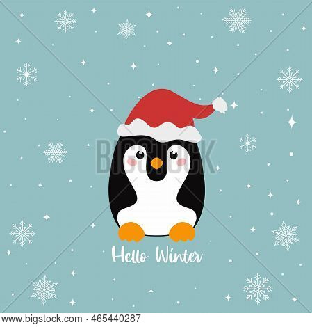 Cute Penguin Icon In A Flat Style On A Background Of Snowflakes And The Inscription Hello Winter. A 