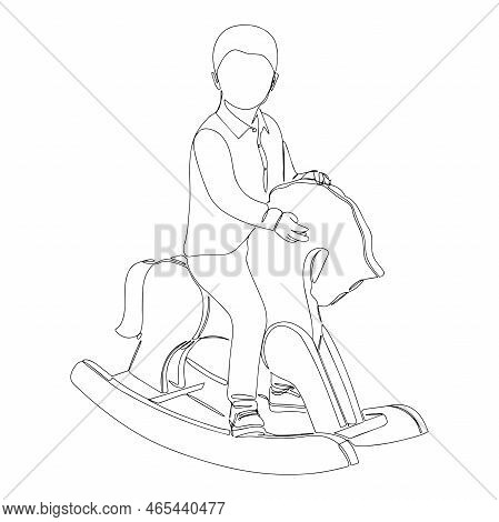 Funny Little Boy On A Wooden Rocking Horse. Continuous Drawing With One Line. Vector Illustration Is