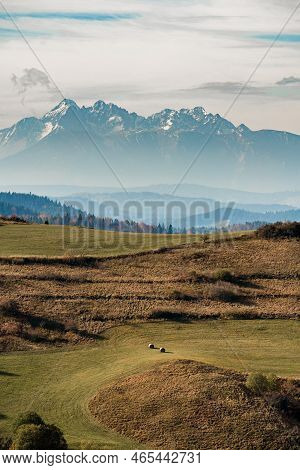 Mountain Scenery With Green Pastures And Rocky Tatra Mountains In The Background During The Day.