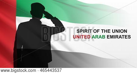 Silhouette Of Saluting Soldier With United Arab Emrates Flag. National Holidays Background. Eps10 Ve