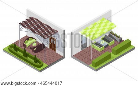 Set Of Inner Courtyard Isometric Compositions With Patio. House With Private Terrace With Covering F