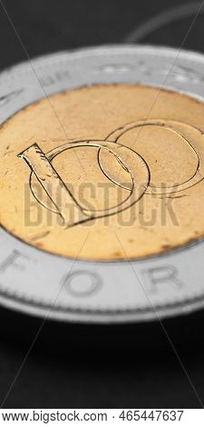 Hungarian Coin Of 100 Forints Lies On Dark Black Surface Close Up. Money Of Hungary. News About Econ