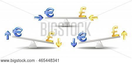 Euro And Pound Signs On Seesaw Weight Scale. British Pound Versus Eu Euro.