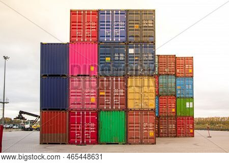 Cargo Containers. Cargo Container Yard. Stack Of Freight Containers At The Docks. Industrial Yard. I