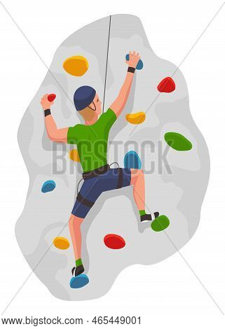 Mountain Climbing Person. Climber Men On Rock Mountain With Equipment. Extreme Outdoor Sports. Man O