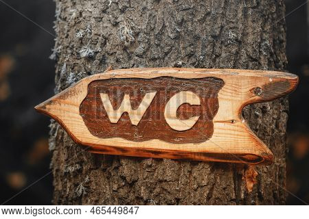 Wooden Public Toilet Sign Pointer Attached To A Tree. Wc Direction Indicator.