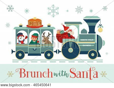 Brunch With Santa Fancy Festive Vector Flat Poster. Cute Santa Deliver Pancakes In Retro Train. Fun 