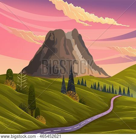 Mountains Landscape, Abstract Lilac Sunset Panoramic View. Mountainside Volcanic Background. View Of