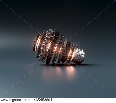 A Lightbulb Concept Made From Metal Cogwheels And A Central Neon Illuminated Lgiht Symbolising Imagi