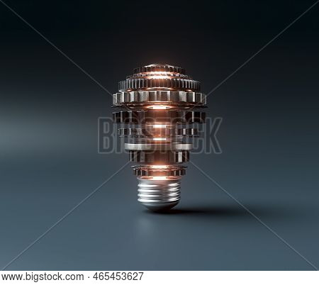 A Lightbulb Concept Made From Metal Cogwheels And A Central Neon Illuminated Lgiht Symbolising Imagi