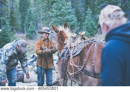 Glenwood, New Mexico - October 27, 2022: Hunters Gear Up And Saddle Up Horses To Pack Out After An E