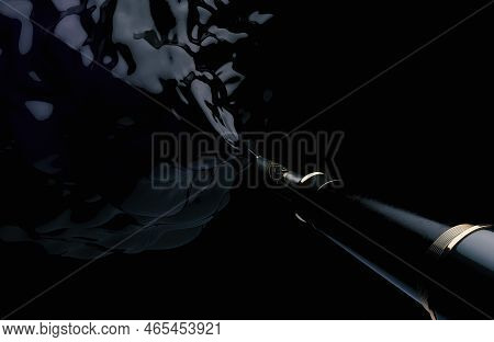 A Concept Showing A Fountain Pen Jetting Out A Swirling Plume Of Thick Ink On A Black Isolated Backg
