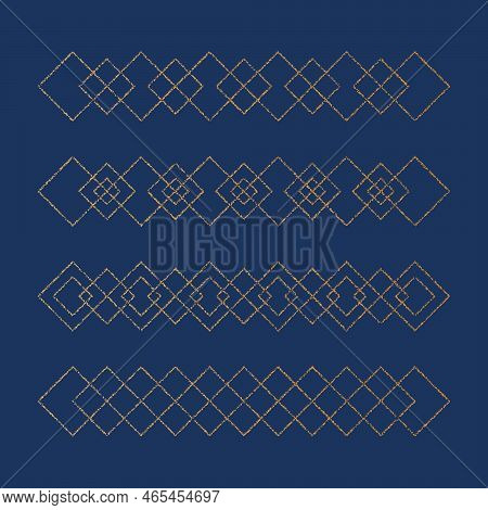 Gold Geometric Pattern Element Set. Golden Foil Embossed Borders With Shining Effects. Vintage Dotte