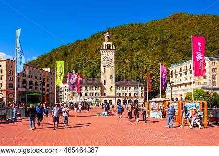 Rosa Khutor, Russia - October 06, 2020: Town Hall In The Centre Of Rosa Khutor. Roza Khutor Is An Al