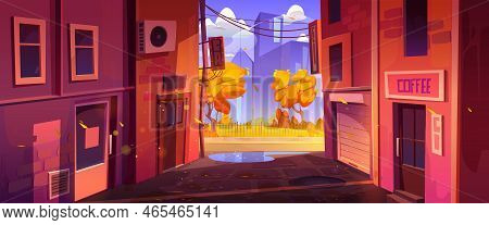 Empty Back Alley And City Street With Houses At Autumn. Town Fall Landscape With Alleyway Between Ol