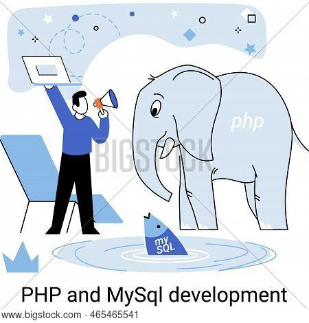 Php And Mysql Development Metaphor. Software Website Developer With Computer, Programmer Service, Op