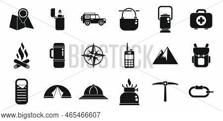 Expedition Icons Set Simple Vector. Hiker Adventure. Alpine Wind