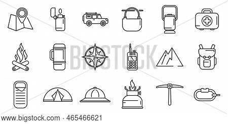 Expedition Icons Set Outline Vector. Hiker Adventure. Alpine Wind